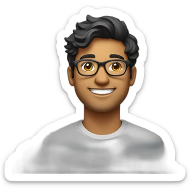 25 year old indian silicon valley creator economy startup founder smiling wearing glasses in a black tshirt with broad shoulders profile photo wearing keyhole bridge glasses wavy hair sticker