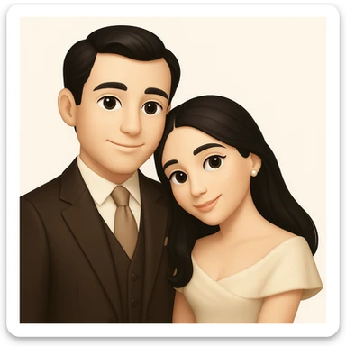 Create a gentle and romantic couple with black hair, styled in an old money fashion, posed similarly to the reference image which has a 3D emoji look that is soft and friendly. The style should evoke the feel of the 3D emoji style but adapted in a way that the general editor can interpret and maintain the soft and friendly vibe. sticker