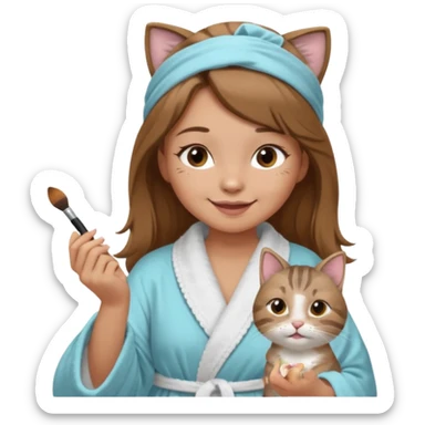 A image of a girl with light long brown hair wearing a bathrobe and headband doing her makeup with her chubby grey tabby cat. She is smiling sticker