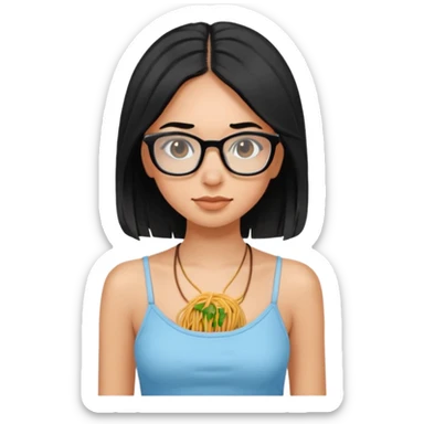 light brown girl with long eyelashes, black medium hair, clear glasses, cute light blue tank top with spaghetti straps sticker