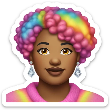 Large Plus size black woman with edgy pink curly pixie cut hair and a rainbow tie dye sweater , and diamond stud earrings  sticker