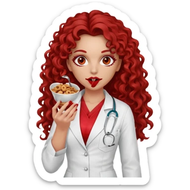 Sensual Spanish Lilith core evil surgeon.red outfit.  Surgeon has red eyes. Her hair is brown long and  curly. wearing a sexy surgeon outfit with platform heels.she is a calculated smart cereal killer. She covers only her mouth and nose to hide identity  sticker