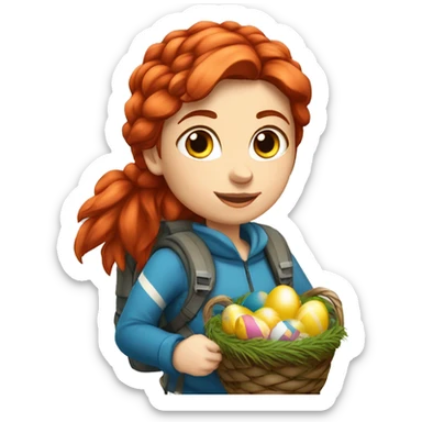 Female winter mountaineer red hair white skin climbing with Greek Flag and Easter eggs basket sticker