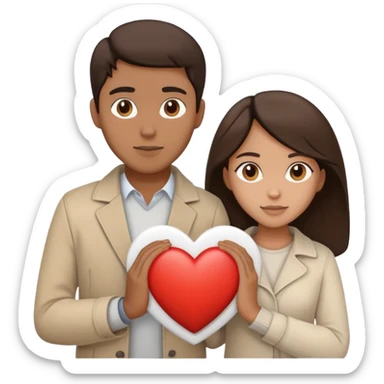 A couple with dark brown hair and mixed skin tone inside a white heart, wearing beige clothes sticker