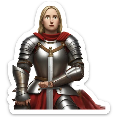 Joan of arc in medieval armor kneels, looking upward, with hands resting on a large sword. They're dressed in a red garment under the armor. sticker