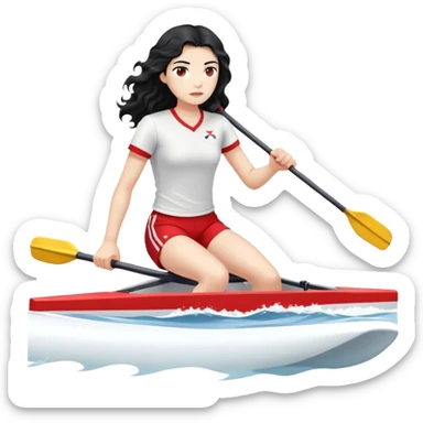 girl with long black wavy hair, white skin, wearing red shorts and white short-sleeve t-shirt, doing Olympic rowing in a long thin racing boat, facing fully right, slightly from a distance sticker