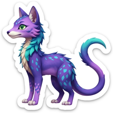 Kawaii dark blue indigo cyan purple violet pink beige white fantasy ethereal feline-vernid-sergal-fursona animal creature with a tufted tail full body with intricate markings, hazel-gold-green eyes sticker