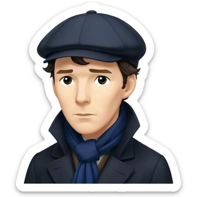 sherlock holmes benedict cumberbatch sad, wearing a deerstalker hat, Long dark coat, Dark suits, dark Blue scarf sticker