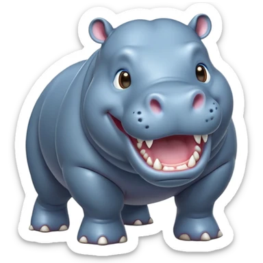 cinematic-hippo-realistic-full-body-side-view-standing-on-all-fours-emoji,-massive-round-frame,-wide-mouthed-grin-exposing-huge-teeth,-head-tilted-dramatically,-thick-greyish blue-hide-glossy, big cute eyes sticker