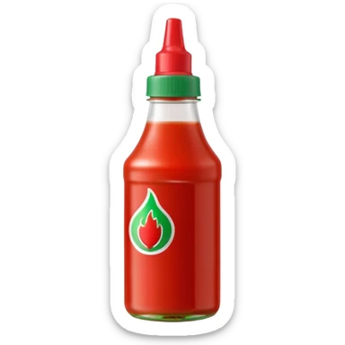 squeeze bottle of sriracha, small, upright, bright red, green nozzle cap, translucent, thick glossy red sauce, simple, no label or branding, no dish or extras, apple emoji style, soft lighting, emoji scale sticker