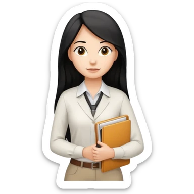 a light tan woman with long black hair past mid-back, round brown eyes, with folders in her hands. she has a id lanyard on and white professional blouse. sticker
