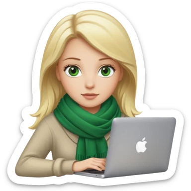 blond women skine , with green eyes and scarf . with macbook sticker