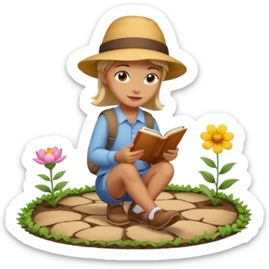 someone who's walking on a path and the person is reading a panel to learn about a flower. the person is redaing a panel which is on the ground sticker