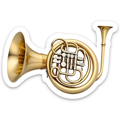 Create a refined and elegant emoji representing the Arnolds & Sons AHR-350 horn. The design should feature the instrument's beautifully coiled brass body with its distinct flared bell, showcasing the high-quality craftsmanship. Include delicate details like the tuning valves, finger buttons, and elegant brass finish. Add subtle musical notes around the horn to symbolize its melodic sound. Use warm golden and brass tones to convey the luxury and professional quality of the instrument. The background should be transparent sticker