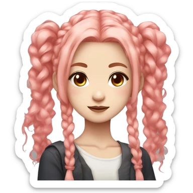 Idol Japanese girl with reddish-pink eyes and long, messy coral pink hair that falls below her shoulder blades, with two clumps of hair tied into small loose pigtails near the top sticker