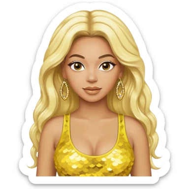 Beyonce with long platinum blonde hair, yellow sequin crop top, yellow earring sticker