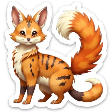 realistic  ember-rust copper fur molten with glowing magma seams and smoky tips beautiful elegant pretty precious cute  Fakémon-Pokémon-opossum-feline-serval-caracal-chinchilla-Furret-Minccino-hybrid-creature with a big fluffy bushy tail (full body) sticker