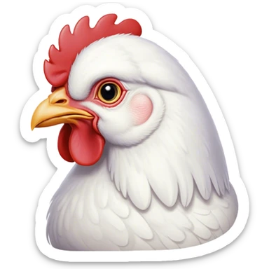 Cinematic Noble White Chicken Portrait Emoji, Poised and regal, with a compact, sturdy build and a pristine, well-groomed pure white plumage, deep-set soulful beady eyes, Simplified yet sharp and sophisticated features, highly detailed, glowing with a soft, dignified glow, high shine, intelligent and alert, stylized with an air of barnyard elegance, focused and attentive, soft glowing outline, capturing the essence of a watchful and confident fowl, so majestic it feels as though it could strut out of the screen with effortless authority! sticker