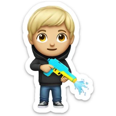 Dirty blonde haired boy wearing a hoodie with a water gun sticker