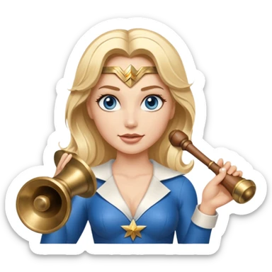 Blonde blue eyes Wonder Woman holding bell and short white orchestra conductor’s baton  sticker