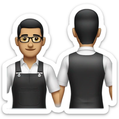 Barber guatemalan with fade buzz cut black hair, glasses, leather apron and large nose sticker