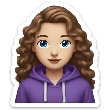 girl with blue eyes and white skin and long curly brown hair with high aristocratic cheekbones in a purple hoodie sticker