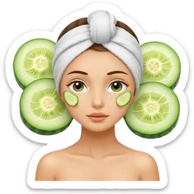 Girl with her hair in a towel and cucumber on her eyes at a spa sticker