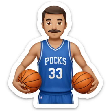 bold man basketball player blue jersey with mustache holding basket ball sticker