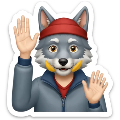  A real wolf waving his hand while he's standing but he's hand loks like a wolf's hand and looks like a grandpa sticker