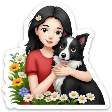 A girl happily hugs a black and white border collie in the flowers sticker