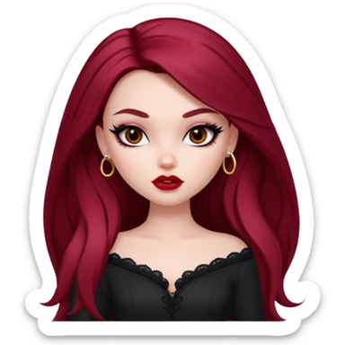 pale skin, girly bratz baddie, beautiful dark brown eyes, sharp black eyeliner, long dark red hair sticker
