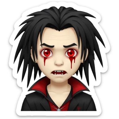 Boy, vampire, black hair, medium long emo rapper dreads, emo, shaggy, dark, spooky, creepy, fangs, dark skin, red eyes, blood, cute sticker