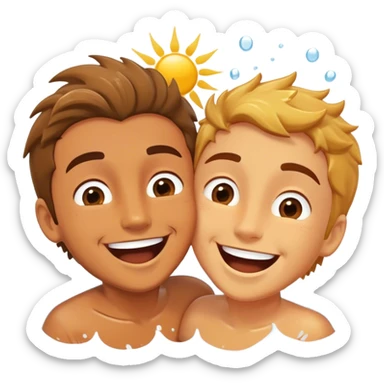 Two friends, as sea explorers, splash each other in the ocean, laughing as their eyes lock in pure joy and appreciation. The sun glistens on the water, highlighting their deep connection and the simple happiness of the moment.  sticker