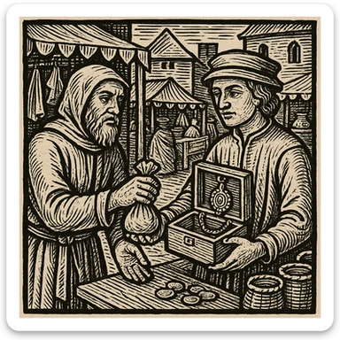 Сгенерируй мне гравюру, как в средневековье один мужчина дает другому мешочек, а другой украшение коробку деревянную, они торгуют, все это происходит на рынке sticker
