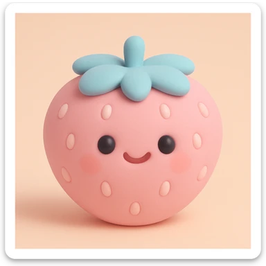 pink strawberry with a cute face, round and squishy look, mochi style sticker