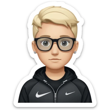 un emoji de un chico emcapuchado blanco con luzes negras e rubias, com uma chaqueta negra nike tech y unas gafas de oakley, con pendientes de diamante, que las gafas sean estilo cuadradas, los pendientes q no se cuelguen, que sean redondos, en las dos cejas un corte, que las gafas no sean circulares sticker
