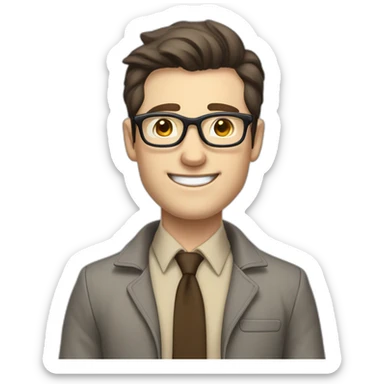 Joyful Full height Pale skinned Fit Man With dark brown hair in gray jacket, beige office shirt, Brown pants and vintage glasses. His thrumbs up sticker