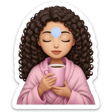 hispanic woman, light brown skin, black long 3b curls, closed eyes, feminine face, holding soft pink coffee cup with beige blanket over shoulders sticker