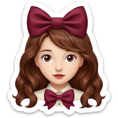 girl wavy long brown hair with a burgundy bow sticker