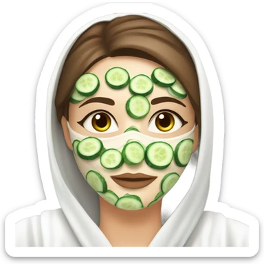 White girl with Brown hair and blue eyes wears a Green colored skincare clay textured mask and puts on cucumbers around her eyes while She relaxes in her white Robe sticker