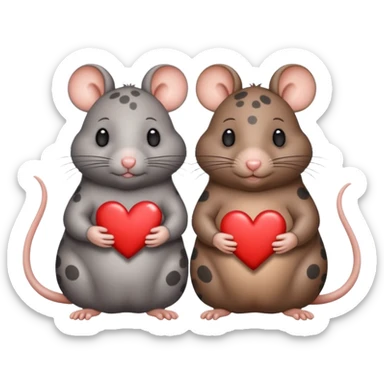 two fat little rats holding hearts one dark grey with white bigger spots the other rat warm brown without spots sticker