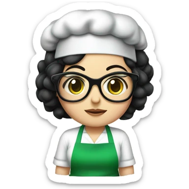 chubby lady with black hair and big eyes green apron  with glasses cooking  sticker