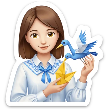 Happy Ukrainian young girl with brown hair in a white embroidered shirt holds an origami yellow and blue crane sticker