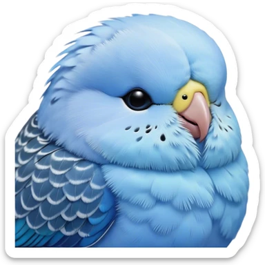 Meme-Worthy Cute Sleeping Blue Budgie Portrait Emoji, Head resting peacefully with a contented smile, showcasing a petite, delicate build and a luxuriously soft blue feathered fur, eyes shut in a serene nap, Simplified yet hilariously adorable features, highly detailed, glowing with a soft, drowsy light, high shine, relaxed and utterly lovable, stylized with an air of playful laziness, bright and heartwarming, soft glowing outline, capturing the essence of a comically sleepy budgie, so meme-worthy it feels like it could instantly become the next viral sensation of adorable slumber! sticker