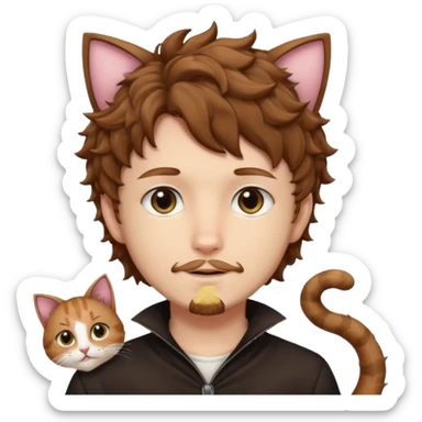 white boy with cat tail with goatee hair and cat ears with brown hair and anime features woth curly hair  sticker