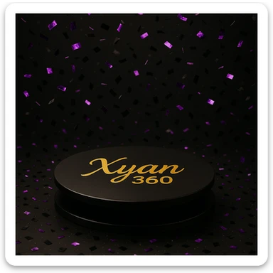 spinning platform with 'Xyan 360' written in gold, surrounded by confetti in purple and black, luxury event vibe sticker