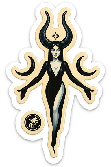 Stylized Lilith: female figure with long horns, moon symbols on the sides, minimalist and mystical look, black and white palette, retro sticker style, transparent background. sticker