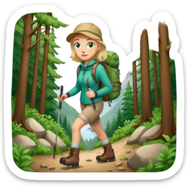 woman hiking in the woods in the sunshine. light face and green eyes. sticker