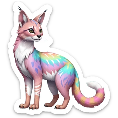 Colorful tropical tribal pale light fruity pastel white glorious iridescent divine exotic cute albino neon vibrant zigzagged cool beautiful fantasy-caracal-civet-genet-sergal-vernid-Gryphon-Cacomistle-Trico-oncilla-animal-Fakémon-hybrid-fursona (full body), facial markings,  sticker