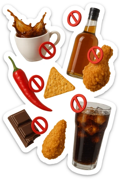 caffeina, alcolici, cibi piccanti, fritti, cioccolato e bevande gassate cadono dall'alto con piccoli divieti in 3d, iperrealistico 4k sticker